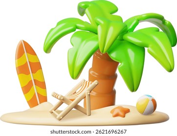 3D vector illustration of tropical island with surfboards, palm tree, sun lounger and ball. Summer vacation, relaxation, travel. Beach fun. Cartoon style. Isolated background.
