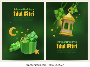3D vector illustration of two festive Eid al-Fitr greeting cards featuring ketupat, lanterns, crescent moons, and stars. The phrase "Selamat Hari Raya Idul Fitri" translates to "Happy Eid al-Fitr".