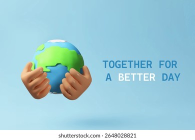 Ilustración vectorial 3D de dos manos sosteniendo suavemente la Tierra, simbolizando la unidad, la protección del medio ambiente. Campañas del Día de la Tierra, iniciativas de sostenibilidad, proyectos ecológicos