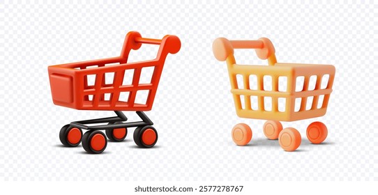 3D vector illustration of two orange shopping carts with wheels on a transparent background. Perfect for e-commerce, retail branding, or marketing designs that need a modern shopping icon.