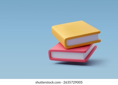 3D vector illustration of two stacked books in yellow and pink, representing learning, reading, and education concept on blue background.