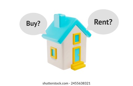 3D vector illustration of a two-story house with a blue roof, including text bubbles asking for sale or rent. Ideal for real estate advertising and web interfaces.