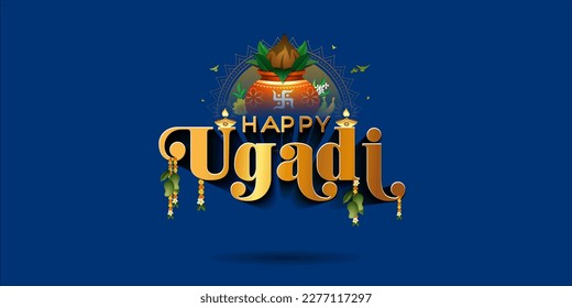 3D vector illustration of Ugadi or Yugadi festival. Indian hindu Traditional New Year holiday background. Happy Ugadi text with kalash.