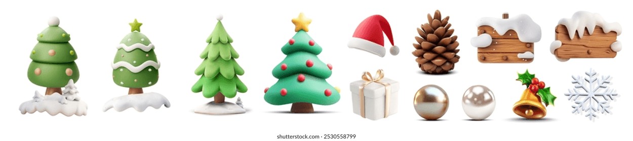 3D vector illustration of various Christmas-themed elements including Christmas trees, Santa hat, pinecone, snow-covered wooden signs, gift box, ornaments, bells, and snowflakes