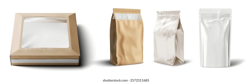 3D vector illustration of various food packaging designs, including a box with a transparent window and different types of pouches. Perfect for branding, food products, or packaging design projects.