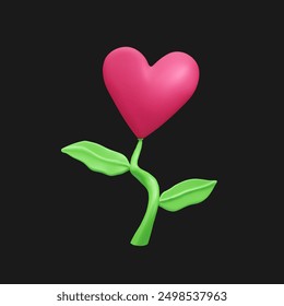 3d vector illustration vibrant pink heart-shaped flower emerges from a twisting green stem with two lush green leaves. The concept of growing love, charity, care.