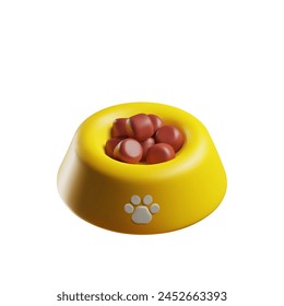 A 3D vector illustration of a vibrant yellow pet bowl filled with red kibble, marked with a white paw print, representing mealtime.