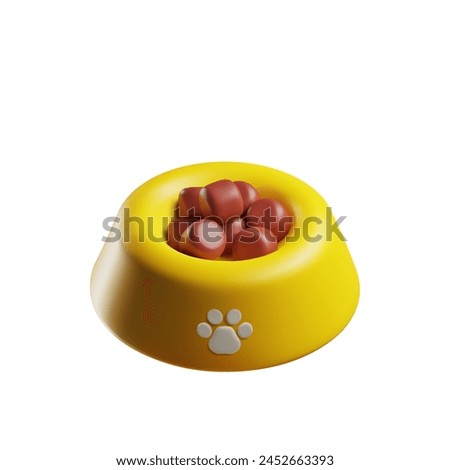 A 3D vector illustration of a vibrant yellow pet bowl filled with red kibble, marked with a white paw print, representing mealtime.