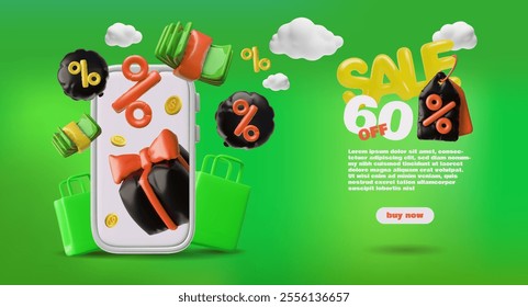 3D vector illustration for the website home page with a "buy now" button, electronic payment symbols, coins and a smartphone. Suitable for online trading.