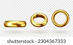 3d vector illustration of a wedding ring, realistic render. Golden geometric jewels on a white background, a symbol of marriage and wealth.