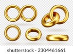 3d vector illustration of a wedding ring, realistic render. Golden geometric jewels on a white background, a symbol of marriage and wealth.