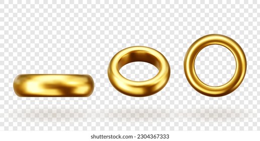 3d vector illustration of a wedding ring, realistic render. Golden geometric jewels on a white background, a symbol of marriage and wealth.