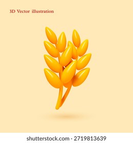 Ilustración vectorial 3D de grano de trigo en estilo brillante suave. Perfecto para la marca de panadería, App de alimentos orgánicos y diseños de cosecha. Profesional gráfico agrícola.