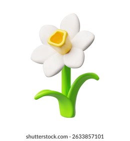 3D vector illustration of white daffodil flower, volumetric plastic icon. Plant. For decoration and botanical themes. Cartoon style. Isolated background. Rendering.