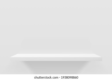 3d vector illustration of white empty shelf on wall. Minimal mockup design for product presentation.