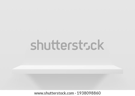 3d vector illustration of white empty shelf on wall. Minimal mockup design for product presentation.