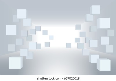 3d vector illustration. White interior of not existing building with flying cubes in perspective. The subject of delivery, data transmission, relocation, restructuring.