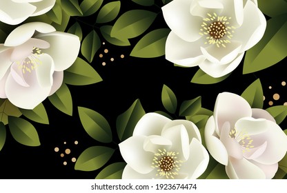 Ilustración vectorial 3d, flores jazmín blancas con hojas verdes sobre fondo negro
