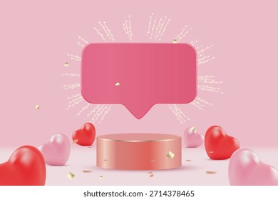 Ilustración vectorial 3D de podio de producto blanco con marco de vidrio y corazones flotantes. Concepto para el fondo del amor del día de San Valentín y exhibición romántica. Diseño festivo moderno minimalista y limpio.