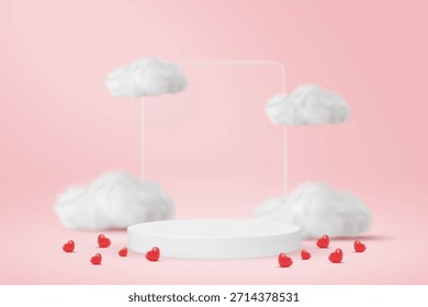 3D vector illustration of white product podium with glass frame and fluffy clouds. Concept for Valentine's day love background and romantic display. Minimalist and clean modern festive design.
