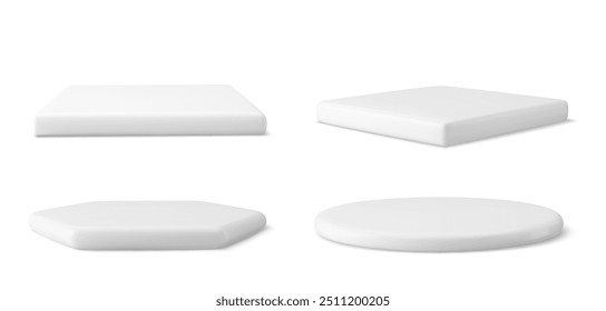 3D Vector illustration white stage product podium. Studio scene display with platform step pedestal for sale template, presentation, mockup. 