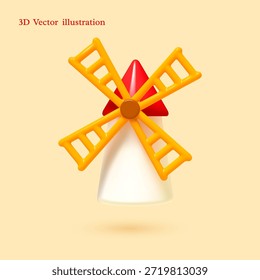Ilustração vetorial 3D de um moinho de vento em estilo brilhante suave. Perfeito para marca de padaria, aplicativos agrícolas e designs culinários. Gráficos profissionais minimalistas.