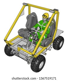 3D vector illustration of a worker driving yellow industrial transportation vehicle on a white background