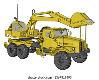 3D vector illustration of yellow big excavator machine on white background
