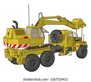 3D vector illustration of yellow big excavator machine on white background