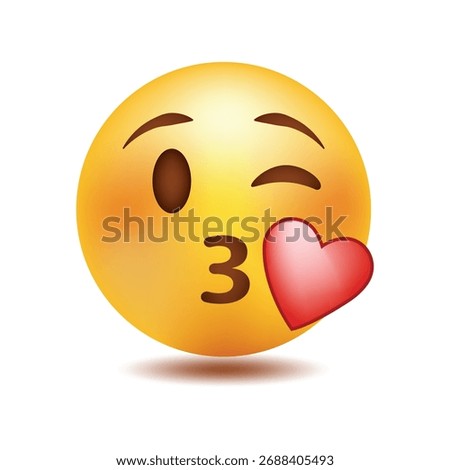 3D Vector Illustration of a Yellow Face Emoji Winking and Blowing a Kiss Heart for Romance, Affection, and Flirtatious Communication