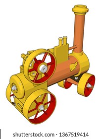 3D vector illustration of yellow and orange steam engine machine on white background