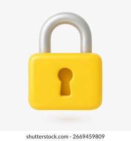 Ilustración vectorial 3D de un candado amarillo con un grillete plateado, que simboliza la seguridad, privacidad, seguridad y protección digital.