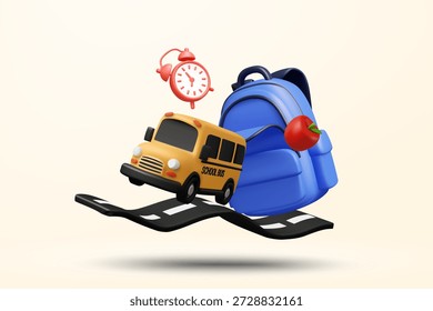 Ilustración vectorial 3D del autobús escolar amarillo en la carretera con la mochila azul y el despertador. Concepto para el tiempo de regreso a la escuela y el transporte estudiantil. Plantilla de fondo de Educación.