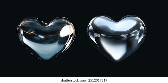 Ilustraciones vectoriales 3D de corazones metálicos brillantes con superficies reflectantes, perfectas para diseños modernos y futuristas. Elemento abstracto aislado en estilo y2k.