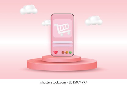 3D vector illustrations. Mobile smart phone with app - Online shopping concept