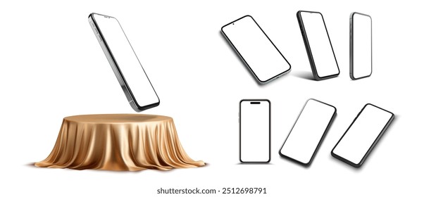 3D vector illustrations of modern smartphones in various angles and positions, including one displayed on a podium with golden fabric. Ideal for concepts related to technology, mobile devices