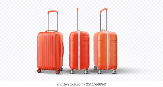 3D vector illustrations orange suitcases with wheels and retractable handles, ideal for travel and tourism concepts. These designs represent, stylish, and functional luggage solutions for any journey.