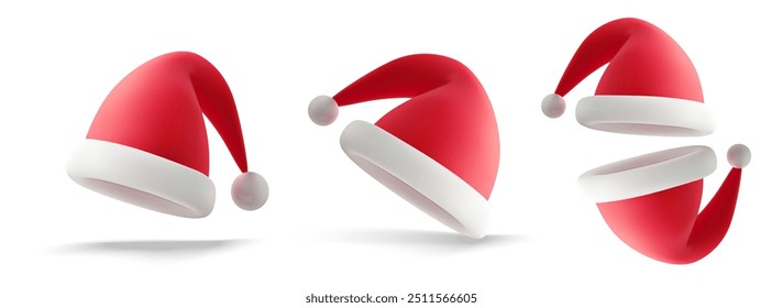 Ilustrações vetoriais em 3D de chapéus de Papai Noel em cores vibrantes vermelhas e brancas, perfeitas para projetos temáticos de Natal e férias. Estes ícones festivos simbolizam alegria, celebração e estação de inverno.