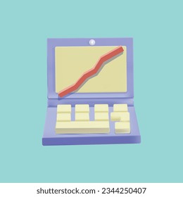 3d vector illustrator dengan chart garis merah ke atas di layar laptop consep