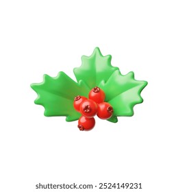 3d vector image with a Christmas decoration in the form of a holly with red berries and green leaves. Cute design with a traditional festive element for the new year