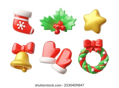 3d vector image with a Christmas set with a bell, mittens, a star, a Christmas wreath, a holly, a sock on a white background. Traditional festive elements