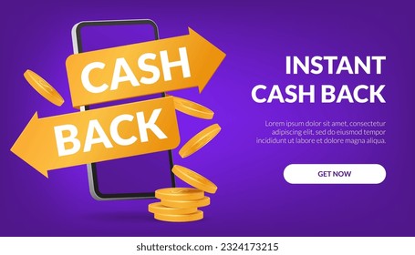 3D vector image with a golden cashback symbol, representing instant cashback satisfaction. Perfect for banners, promotions, and retail businesses. Features a pile of golden coins