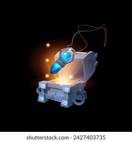 Imagen vectorial 3D de un colgante místico en forma de un cristal azul brillante en una cuerda, volando desde un pecho abierto. Elementos mágicos para el diseño de juegos sobre fondo aislado.
