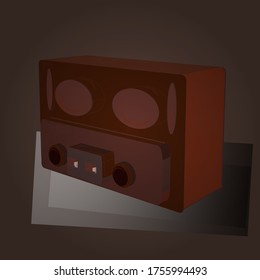 3D. Vector. Image on gray, beige and brown versicolours. Old radio radio isolated on background. 1930s style.