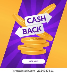 3D vector image with a pile of golden coins, representing cashback promotions and discounts. Perfect for advertising, banners, and marketing materials. Illustration of a cashback concept 