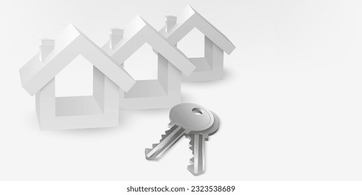 3D vector image of a real estate white house, realistic silver keys . Illustrates property purchase, investment, mortgage, home buying process, and revenue generation. Perfect for real estate