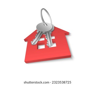 3D vector image of a realistic silver metal key with red house trinket. Representing estate ownership, property, and investment projects.