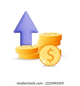 3d vector income rising symbol with stack of gold dollar coins with purple arrow up. Cartoon render for income, benefit, investment, business success, interest rate up, Economy crisis concept. 