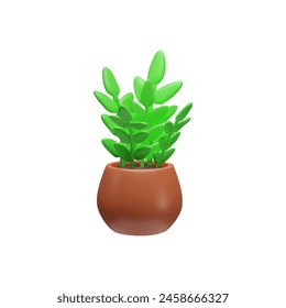 3D vector indoor plant with juicy green leaves in a pot of brown clay on a white background. An icon for lovers of plants and eco-friendly interior design