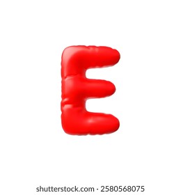 3D vector inflatable letter E, red on an isolated background. English alphabet. Balloon. Realistic design. Glossy volumetric figure. Cartoon style. For festive decoration. Illustration.